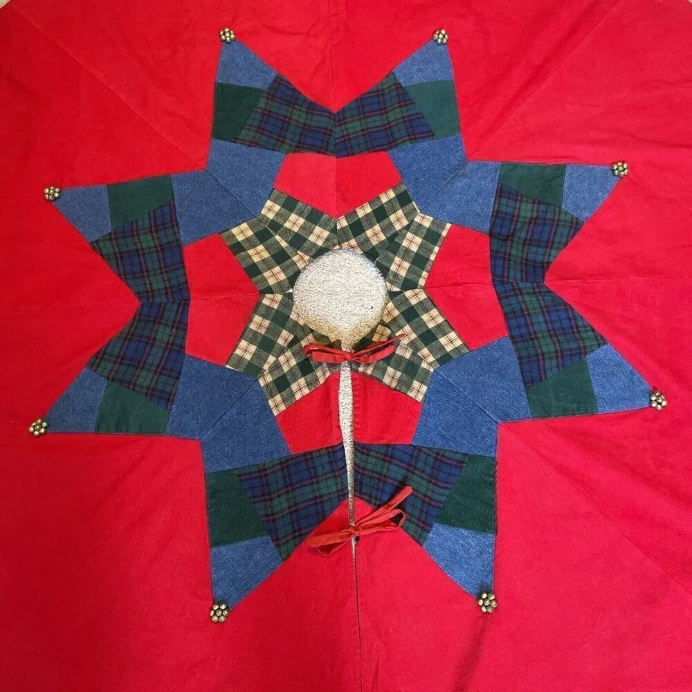 Vintage Pier 1 Christmas Tree Skirt Patchwork Corduroy Denim Jingle Bells 54
